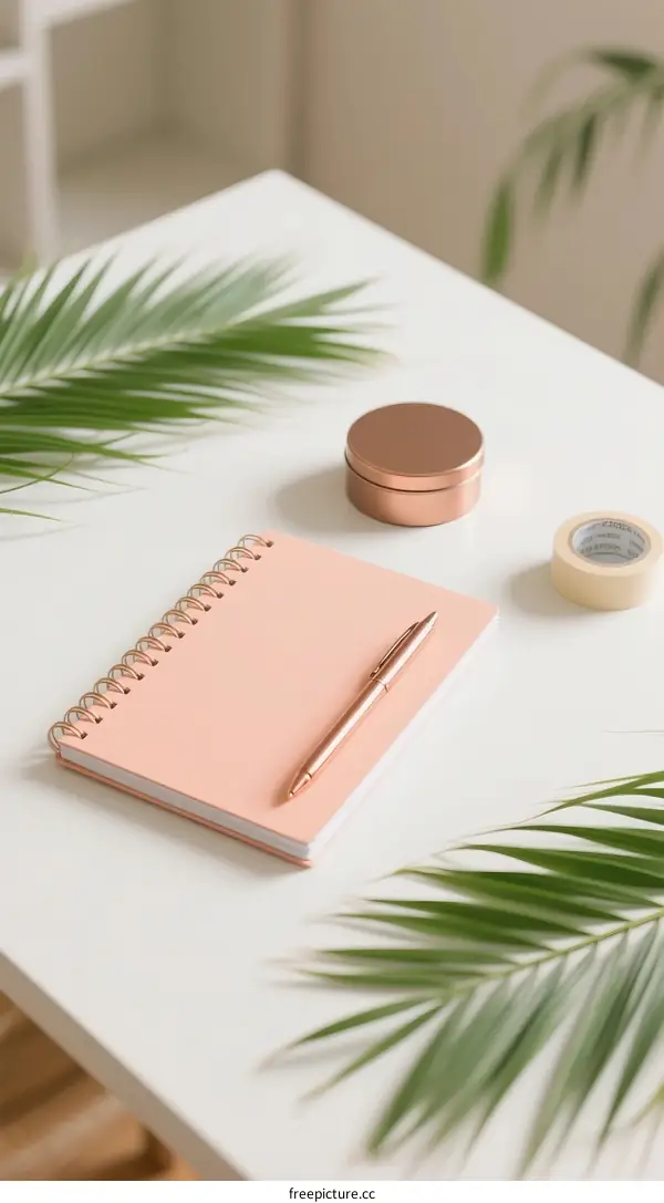 Minimalist workspace with pink notebook and green plant leaves