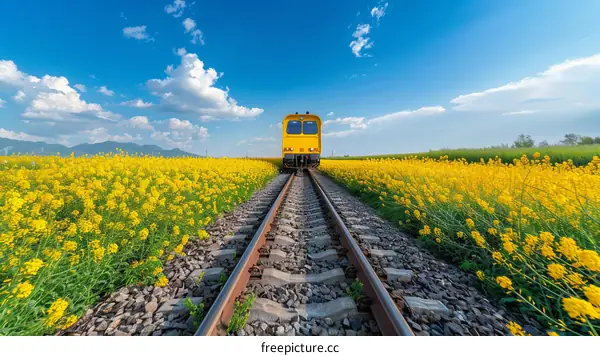 Yellow train passing through a field of yellow flowers