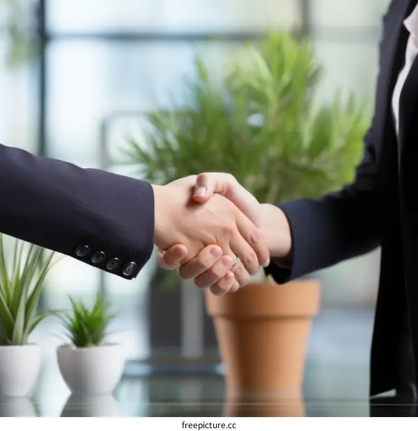 Business handshake agreement between two businesswomen in suits in front of potted plants
