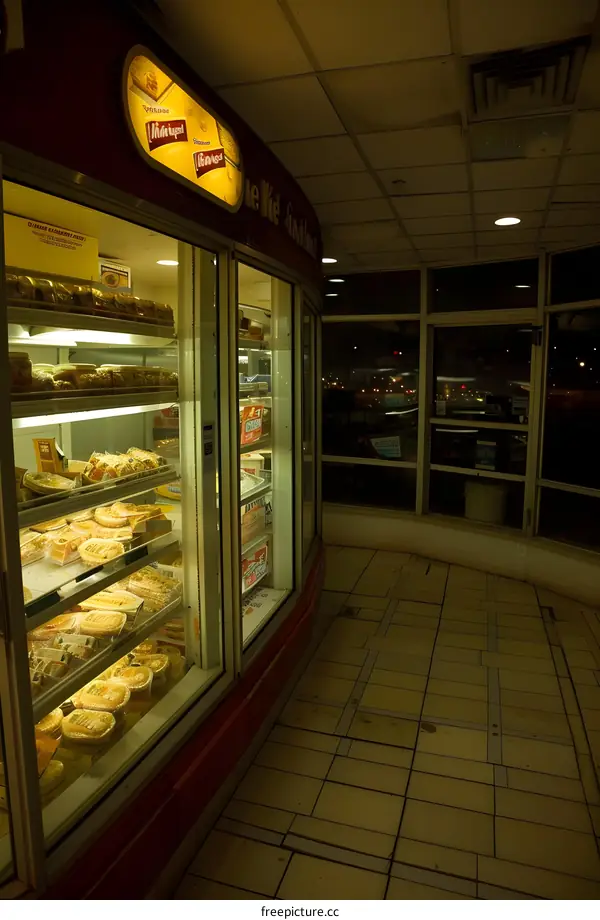Night View of a Bakery Display Case with Food