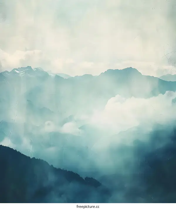 Mountain Range in Clouds with Vintage Texture