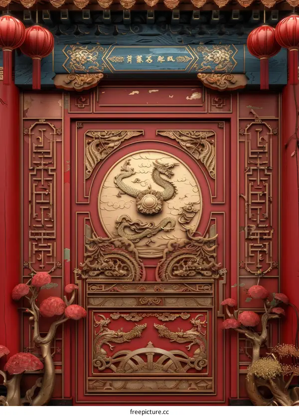 Chinese Wood Carved Door with Dragon and Phoenix