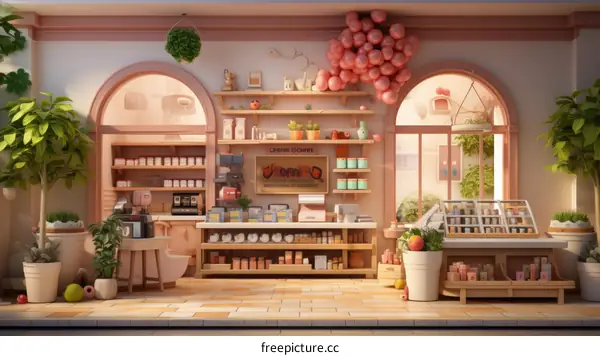 Charming Small Grocery Store Interior with Pink Accents