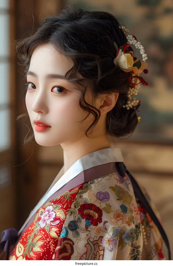 Portrait of a young woman in traditional Korean dress, or Hanbok