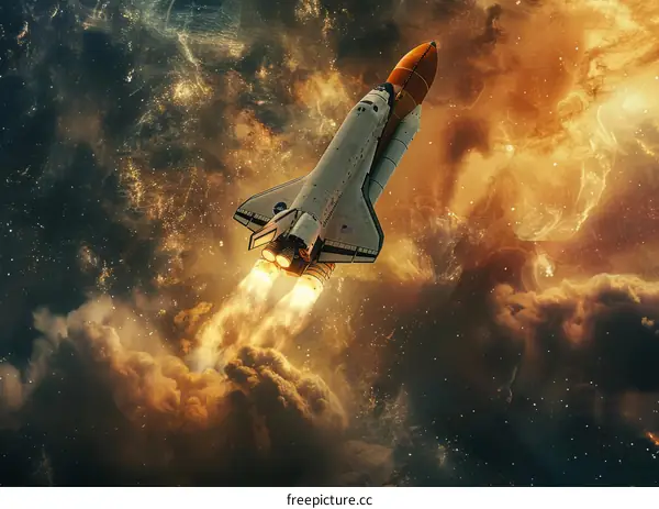 Space Shuttle Navigating Through Nebula