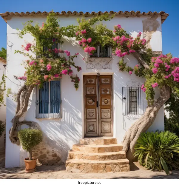 Charming Mediterranean House Adorned with Pink Flowers