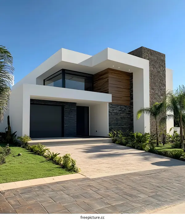 Modern White House with Stone Wall and Palm Trees