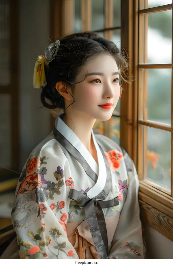 A beautiful young woman in a traditional Korean dress, or Hanbok, is sitting by the window and looking outside.