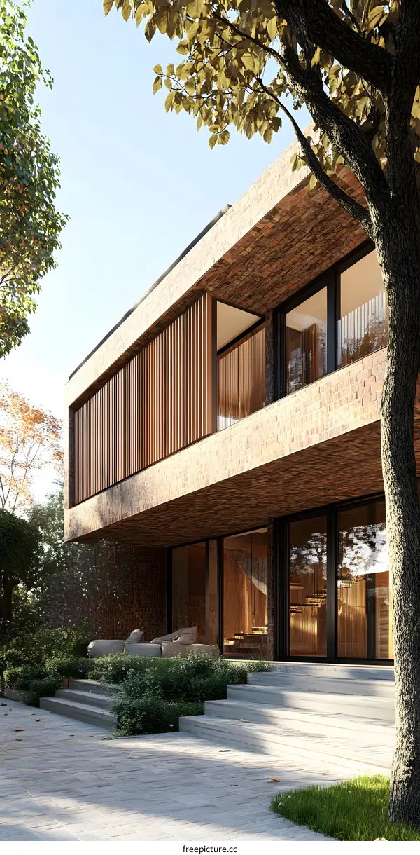 Modern Brick House with Wooden Accents and Patio