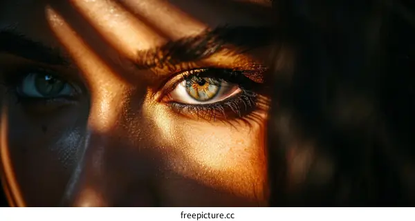 Close-up of a woman's face with green eyes and dark hair