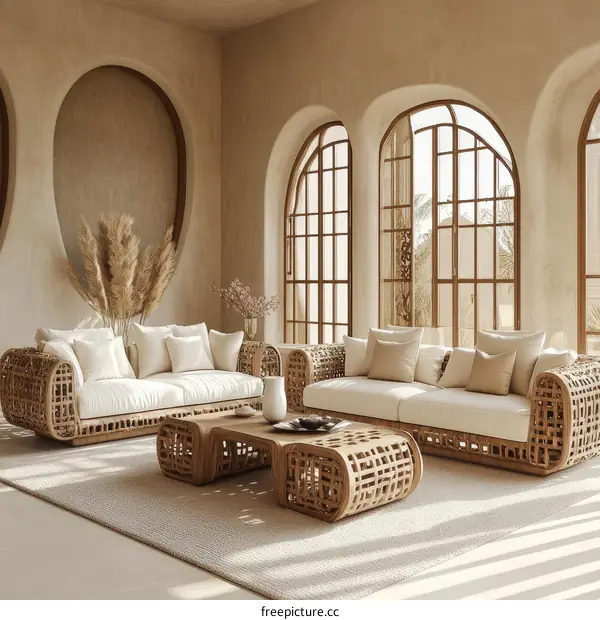 Beige Living Room Interior Design with Wicker Furniture