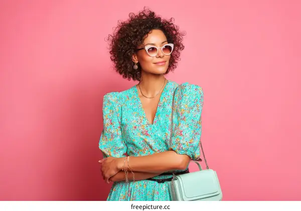 Stylish African American Woman in Teal Floral Dress