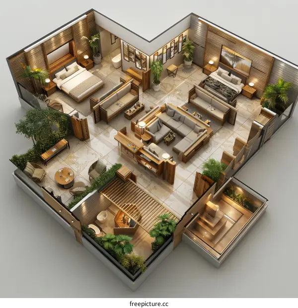 Luxury House Interior Bird's Eye View with Bedrooms, Living Room, Dining Room, Kitchen and Bathrooms