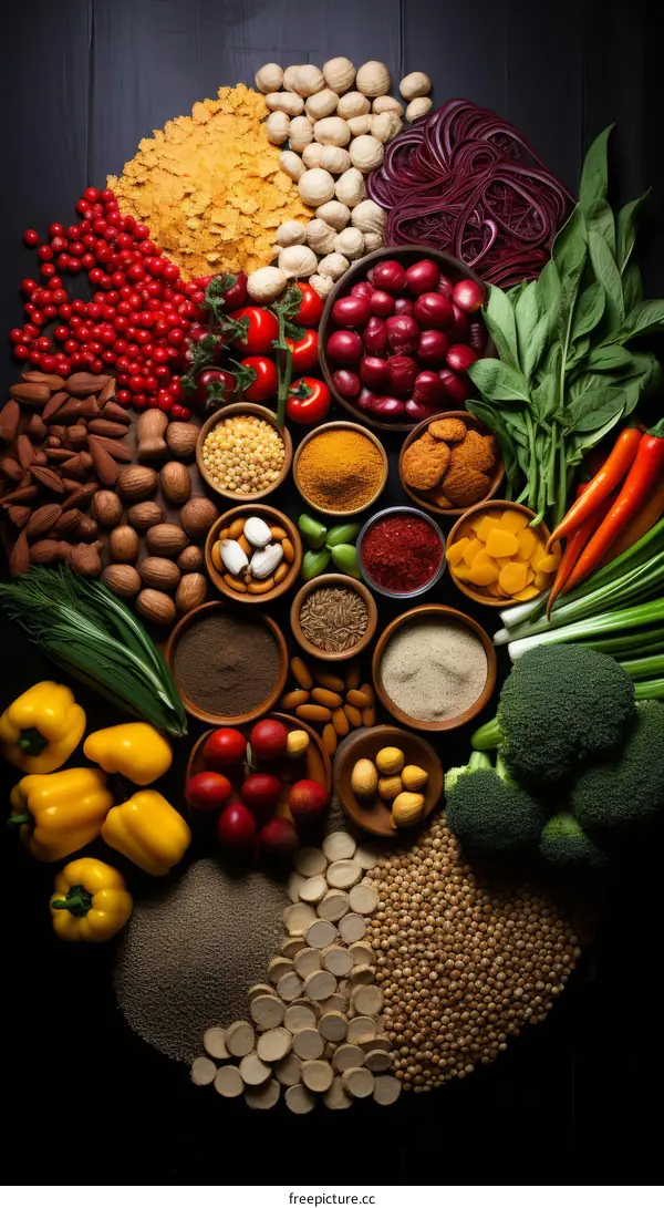 Colorful Fresh Produce: A Circle of Vegetables, Fruits, and Spices