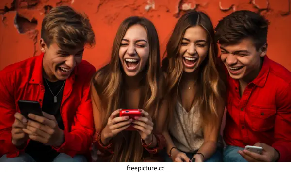 Four cheerful young friends laughing while looking at their phones