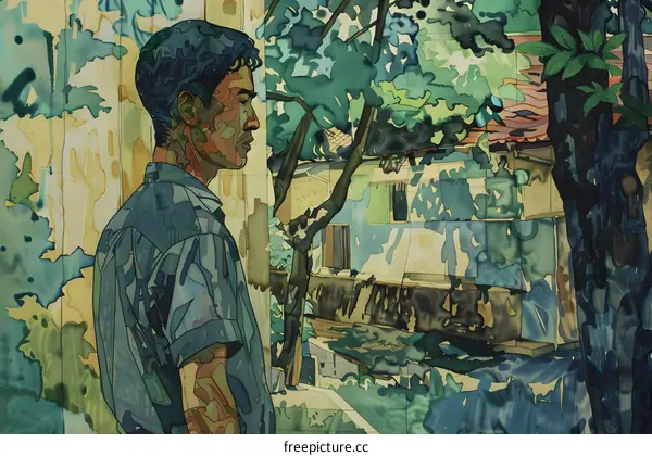 Watercolor Painting of a Man Standing in a Garden