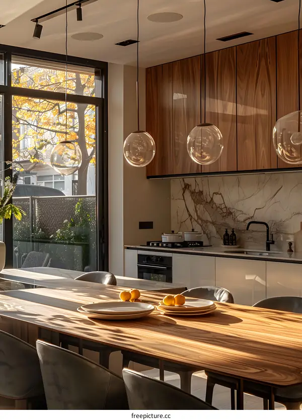 Modern Kitchen Interior Design with Wood Cabinets and Glass Pendant Lights