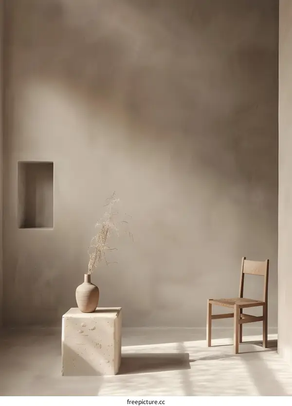 Minimalist Interior Design With Beige Wall And Wooden Chair