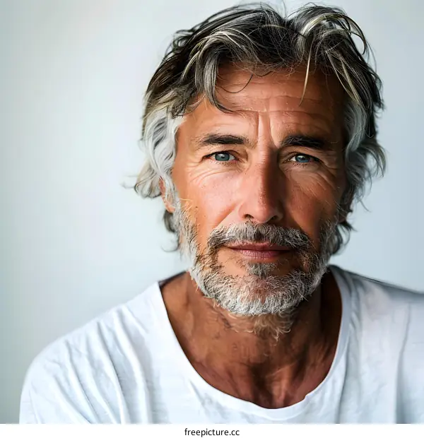 Portrait of a Handsome Older Man with Grey Hair and Blue Eyes