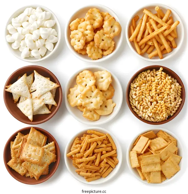 Assortment of Various Snack Crackers and Pretzels in Bowls on White Background