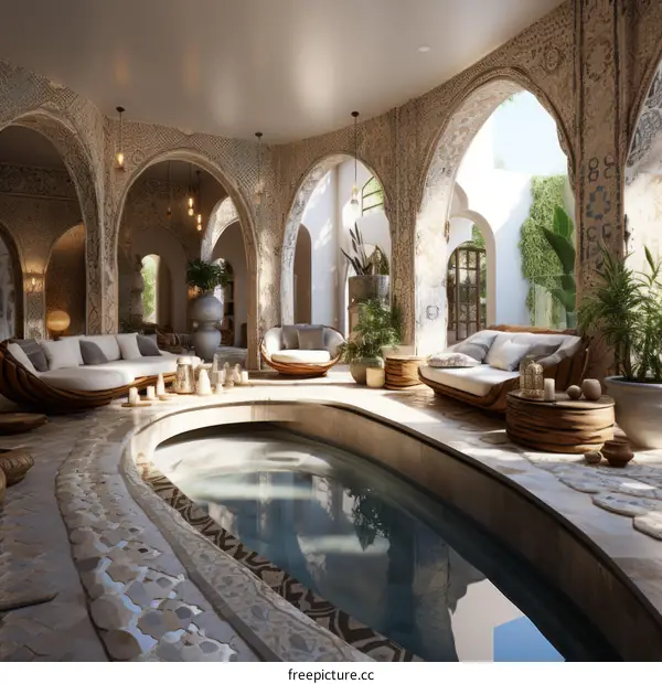 Curved Sofa by Indoor Pool in Luxury Villa