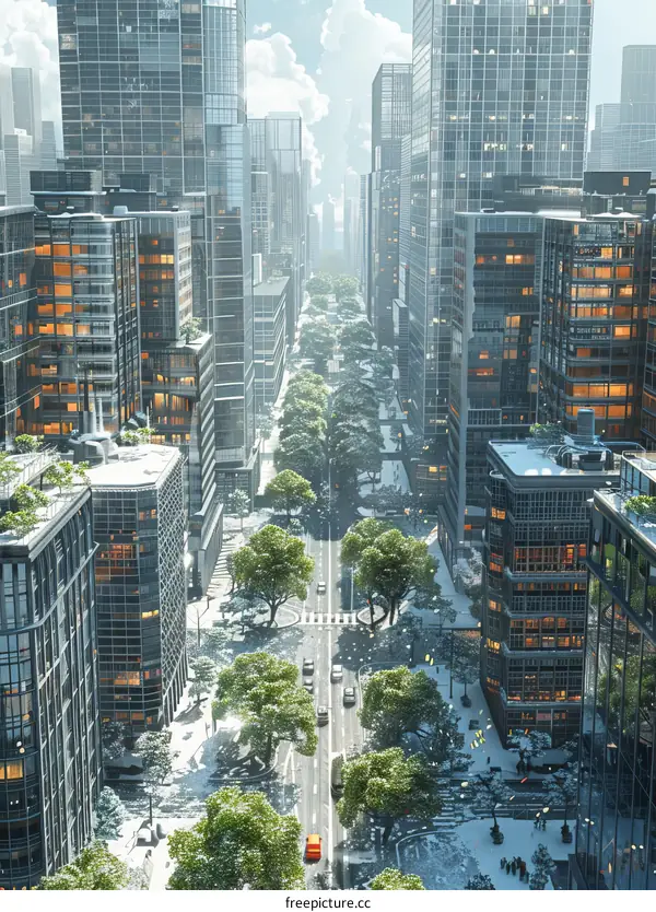 Futuristic Cityscape with Skyscrapers and Green Spaces