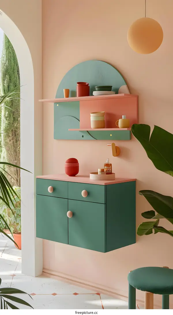 Modern Green Cabinet in a Pink Room with a Unique Shelf Design