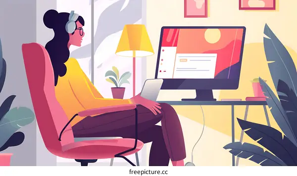 Woman Sitting At Desk With Laptop And Computer In Front Of Her