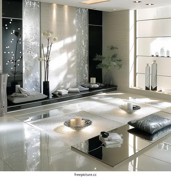 Modern Black and White Bathroom with Plants and Candles