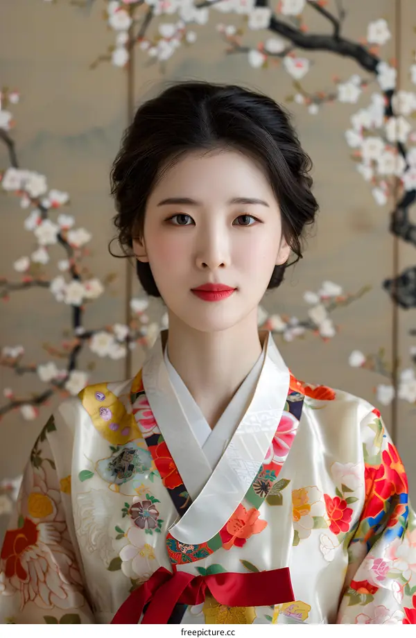 Beautiful Korean Woman in Traditional Hanbok Dress with Floral Pattern