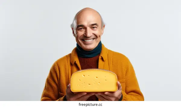 Bald man holding a big piece of cheese