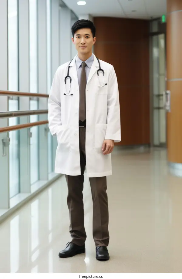 Portrait of a young Asian male doctor in a white coat