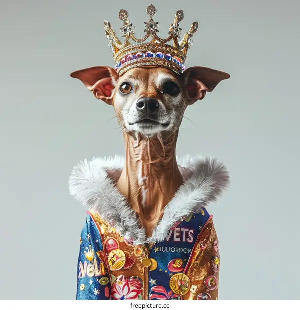 A portrait of a dog wearing a crown