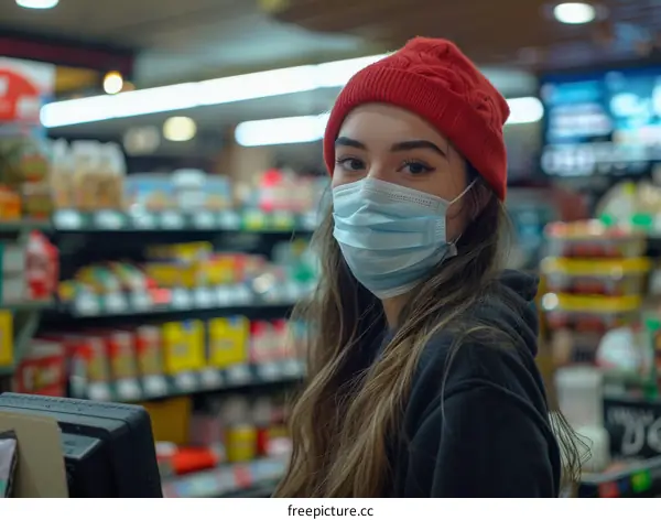 Woman Wearing Face Mask While Shopping for Groceries in Supermarket