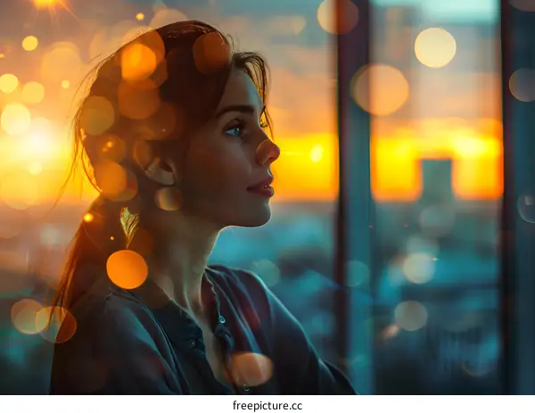 Woman Looking Out Window at Sunset