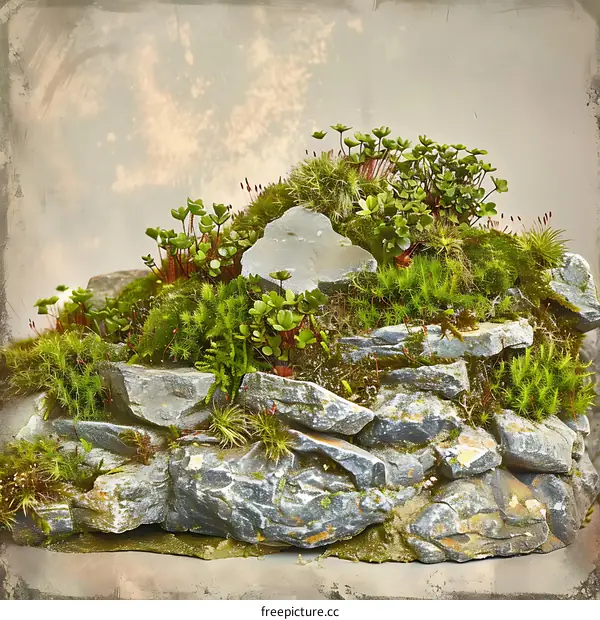 Close Up of Stone and Moss Miniature Landscape