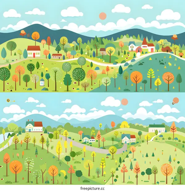 Colorful Cartoon Landscape With Houses and Trees