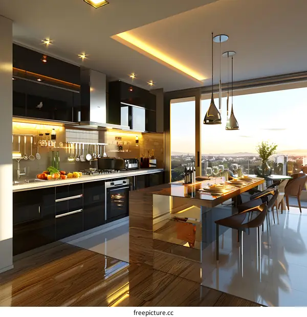 Modern kitchen interior design with wood and marble elements