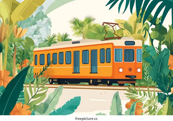 Orange Train Surrounded by Lush Tropical Foliage