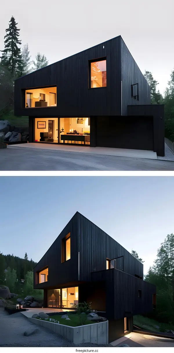 Modern Black Wooden House with Large Windows