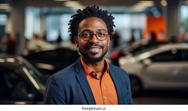 portrait of a smiling African-American man in a suit standing in a car dealership