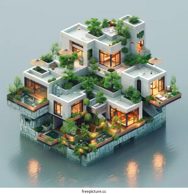 futuristic floating house with rooftop gardens and pools