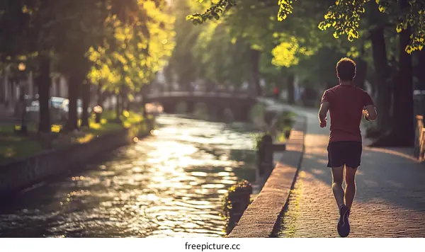 Man Running Along River Path in City
