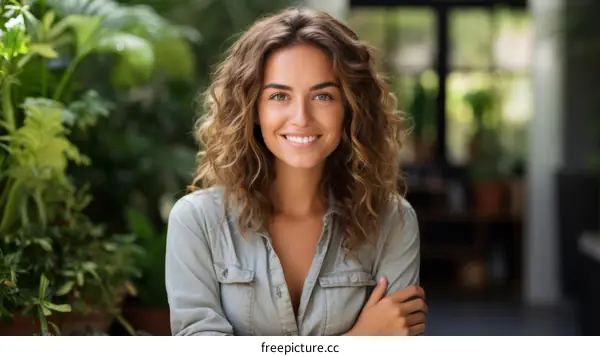 Portrait of a young woman smiling in front of a lush green background