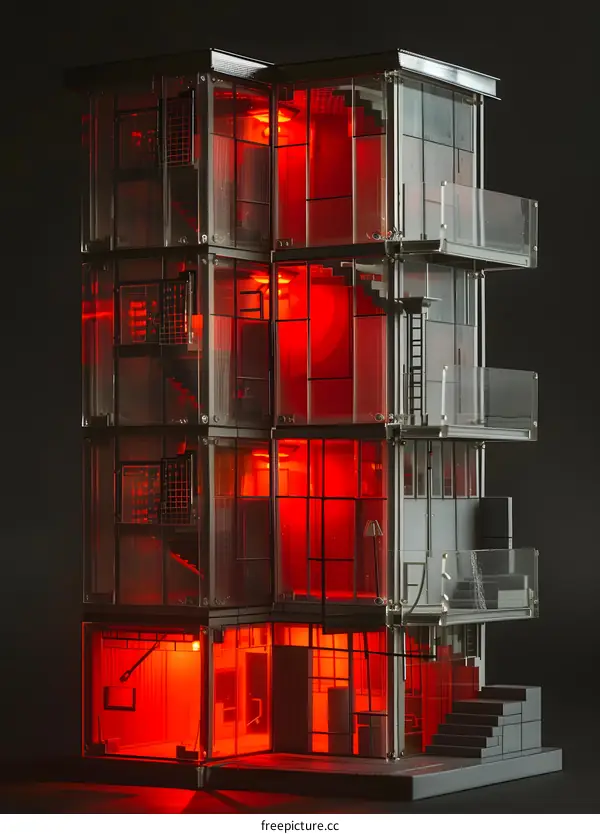 Modern Glass Building Architecture Model Illuminated by Red Lights