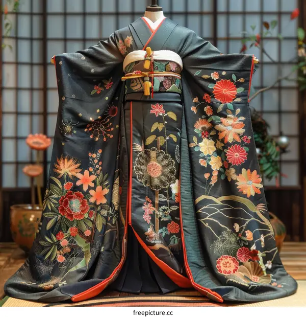 A kimono with a pattern of flowers and birds