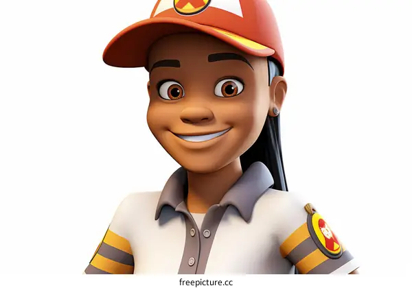 A smiling black girl wearing an orange cap and grey shirt