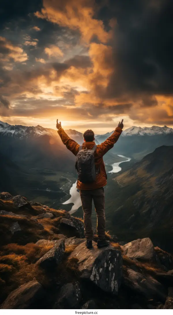 Mountaineer Celebrating Conquest at the Mountain Top