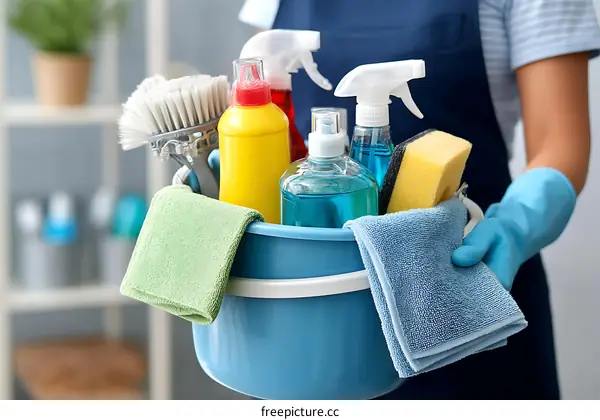 Cleaning Supplies in a Bucket Held by a Person