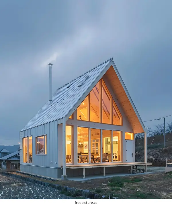 Modern Cabin with Large Windows and Wooden Beams